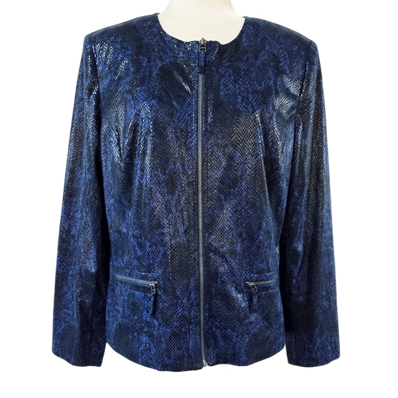 JM Collection Blue Faux Snakeskin Embossed Collarless Zip Jacket - Picture 1 of 8
